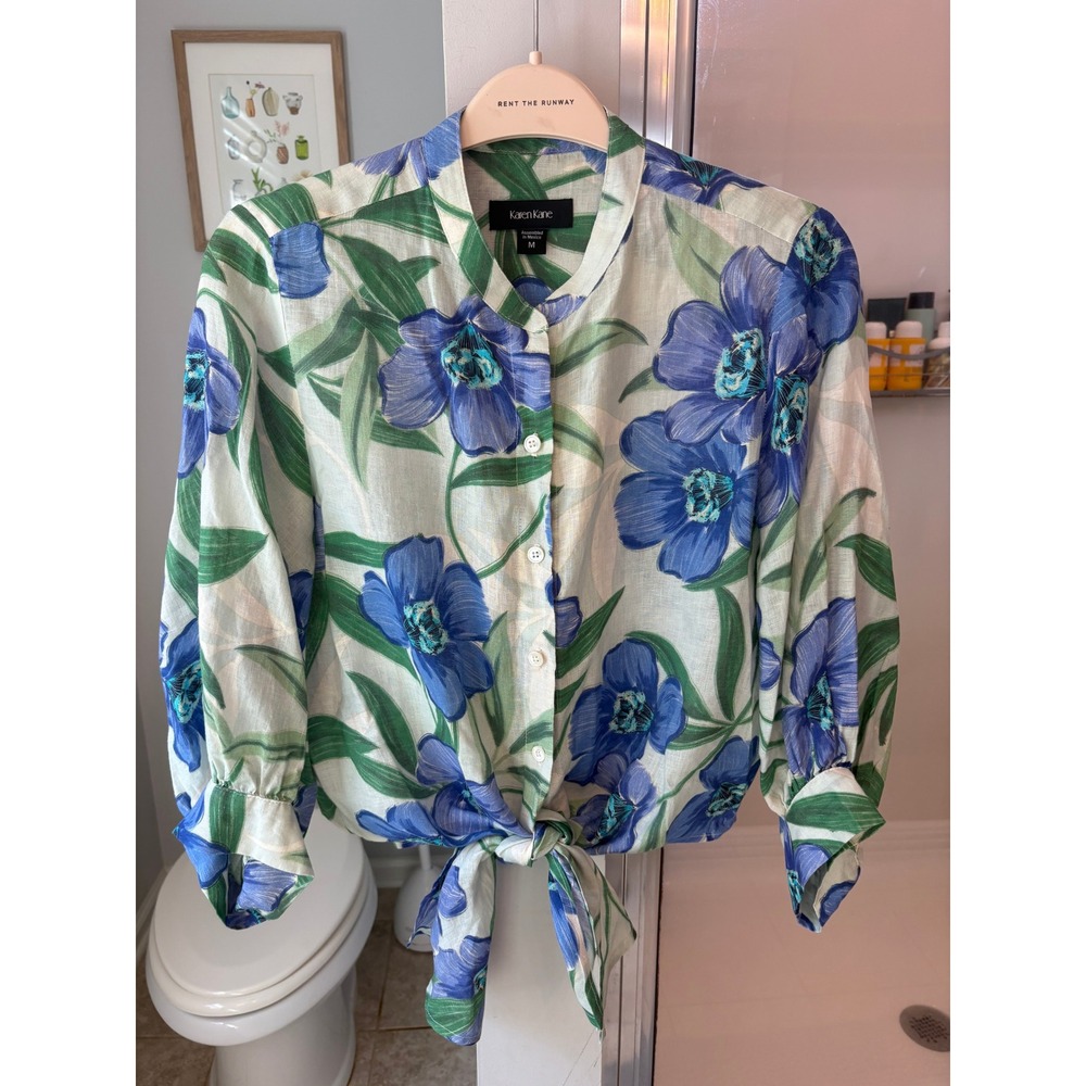 Karen Kane 100% Linen Blue Floral Tie Front Button Front Blouse Top Women's M